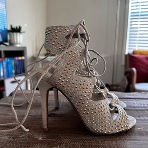 Aldo Beige Studded Lace-Up Gladiator Style Heels, Size 8.5